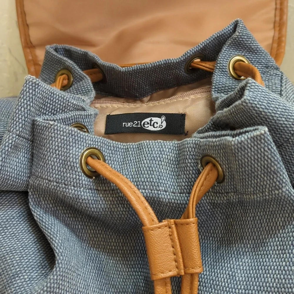LIKE NEW Rue21 Retro Canvas Crochet and Faux Leather Drawstring Backpack